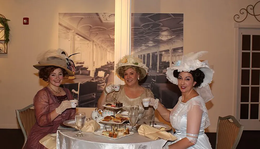 Three women dressed in vintage attire are enjoying a tea party with smiles in front of a backdrop that gives the illusion of an old-fashioned dining car