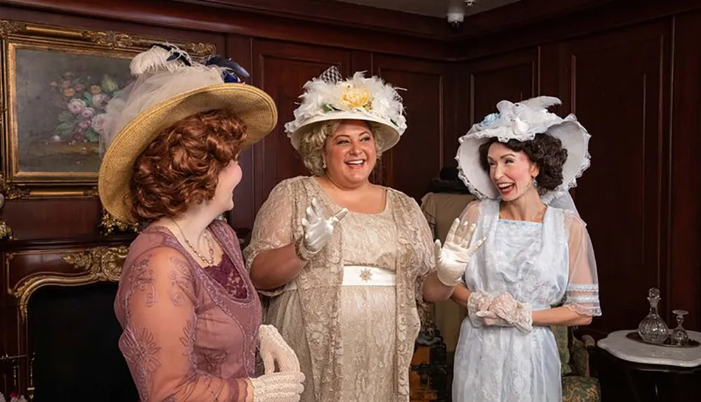 Three women dressed in vintage clothing with elaborate hats are having a cheerful conversation in an elegantly furnished room