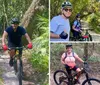 Two individuals are mountain biking on a forest trail surrounded by lush greenery