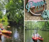 A group of people are kayaking down a serene waterway flanked by lush greenery