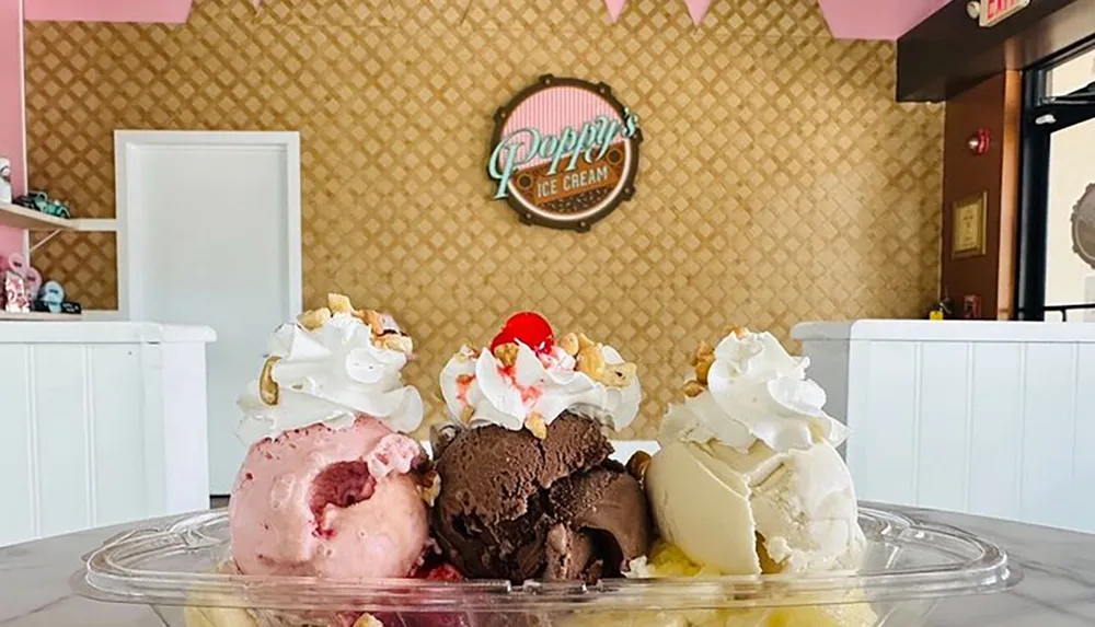 Three scoops of different flavors of ice cream topped with whipped cream and a cherry are presented in a clear plastic dish in front of a counter with a retro Poppys Ice Cream sign on the wall behind