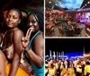 Four women are posing happily for the camera at a social gathering with two of them making peace sign gestures