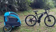 A bicycle with an attached child trailer is parked on a grassy patch with trees in the background.