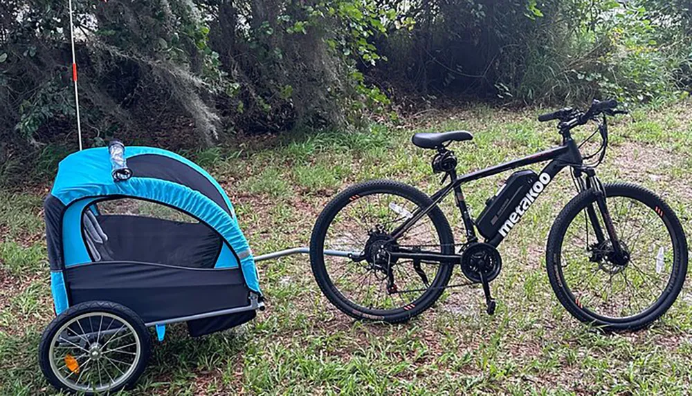 A bicycle with an attached child trailer is parked on a grassy patch with trees in the background