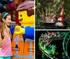 This image features costumed characters resembling LEGO figures in front of the LEGOLAND Florida entrance with colorful LEGO sculptures and the parks sign in the background