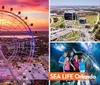 The image showcases a vibrant sunset skyline with a large observation wheel promotional insets for SEA LIFE Orlando Aquarium and Madame Tussauds and people enjoying attractions