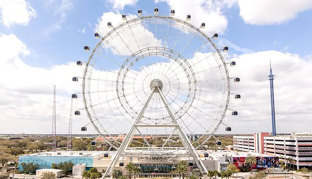 A large Ferris wheel dominates the skyline above other buildings under a partly cloudy sky