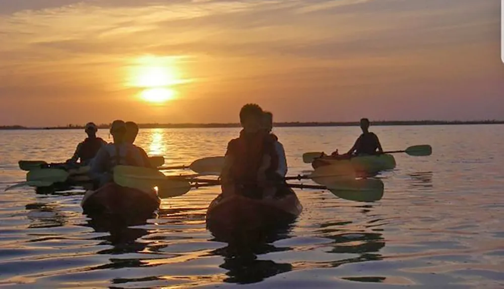 A group of kayakers is paddling on calm waters against the backdrop of a beautiful sunset