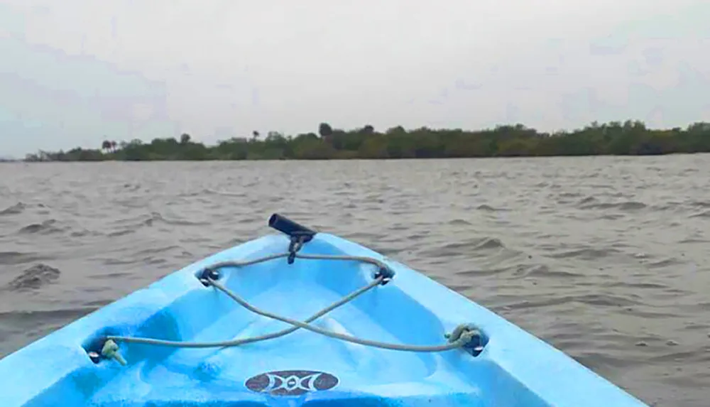 A blue kayak is floating on choppy water with a coastline in the distance