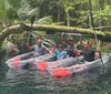 Four people are smiling and posing with their paddles in clear kayaks on a calm transparent waterway amidst lush greenery