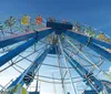 Thrilled riders are descending a steep drop on a wooden roller coaster against a clear sky