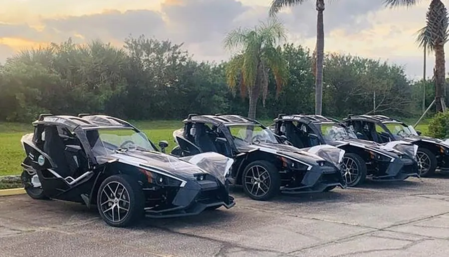 A lineup of Polaris Slingshot three-wheeled vehicles is parked in a row under a cloudy sky, near some palm trees, likely indicating a gathering or event of enthusiasts.