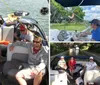 A group of people is enjoying a boat ride on a sunny day with some sitting at the back and one person taking a selfie in the foreground