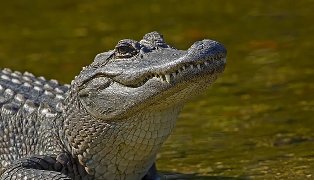 The image shows a close-up of an alligators head basking in sunlight with its mouth slightly open against a blurred greenish water background