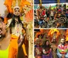 A joyful person is posing with a bright smile in front of elaborate carnival costumes