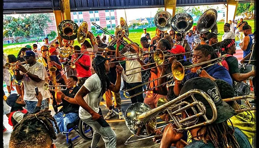 A lively brass band is performing outdoors, surrounded by an enthusiastic crowd.