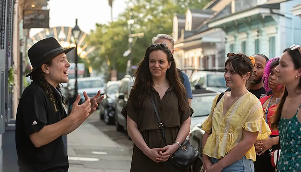 A person wearing a black hat is enthusiastically speaking to a group of attentive listeners on a city street