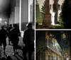 The image is a collage of four photographs that capture various scenes suggesting a theme of spookiness or haunting likely connected to a ghost tour or exploring haunted locations at night with images showing a group of people walking down an alleyway a statue silhouetted against a building a decorative skull and a group listening to a guide outside an old house