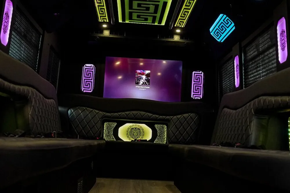 The image features the luxurious interior of a limousine with LED lights comfortable seating and a screen displaying a visual