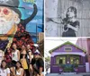 A group of people is posing for a photo in front of a colorful mural featuring a large depiction of an elderly man with a beard and sunglasses