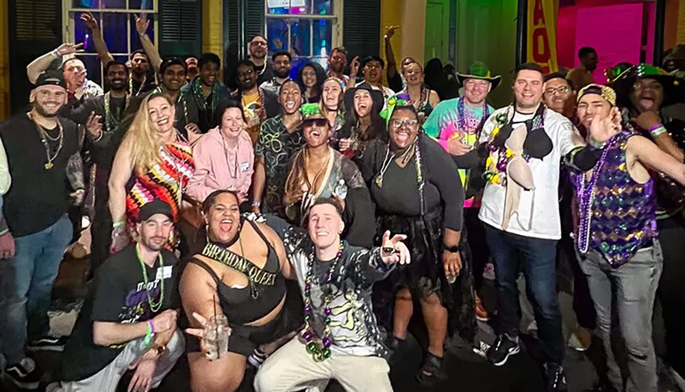 A diverse group of people is celebrating and posing for a photo some wearing festive beads and costumes suggesting a lively party or street festival atmosphere