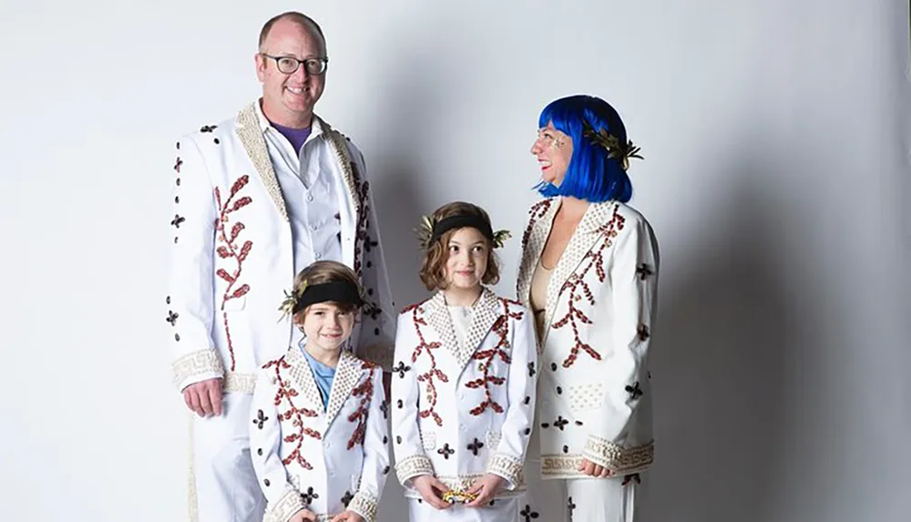 A family of four is dressed in coordinated white outfits embellished with red and brown accents with the members smiling and posing together for a cheerful photograph