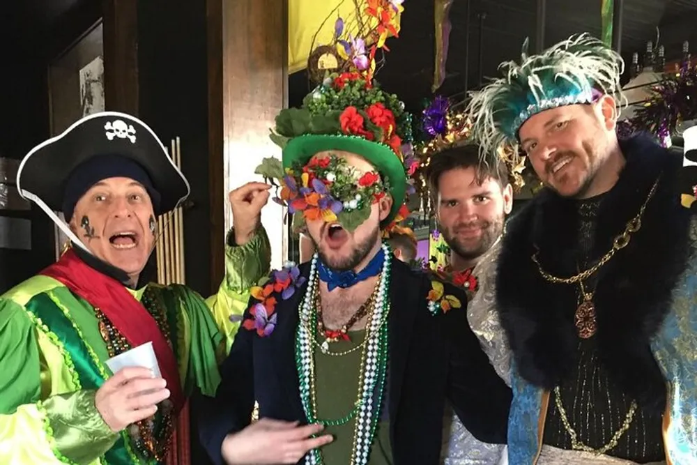 Four individuals are dressed in flamboyant and colorful costumes possibly celebrating a festive event like Mardi Gras as they pose for the photo with playful expressions and gestures