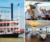 A paddle steamboat sails on the water with an inset image showcasing a dish of sausage and rice