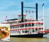 A paddle steamboat sails on the water with an inset image showcasing a dish of sausage and rice