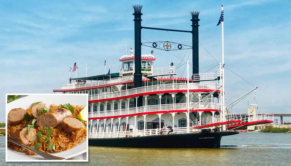 A paddle steamboat sails on the water with an inset image showcasing a dish of sausage and rice