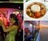 A brightly lit riverboat cruises along a calm river at dusk with an inset image showing people enjoying a lively band performance inside