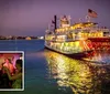 A brightly lit riverboat cruises along a calm river at dusk with an inset image showing people enjoying a lively band performance inside