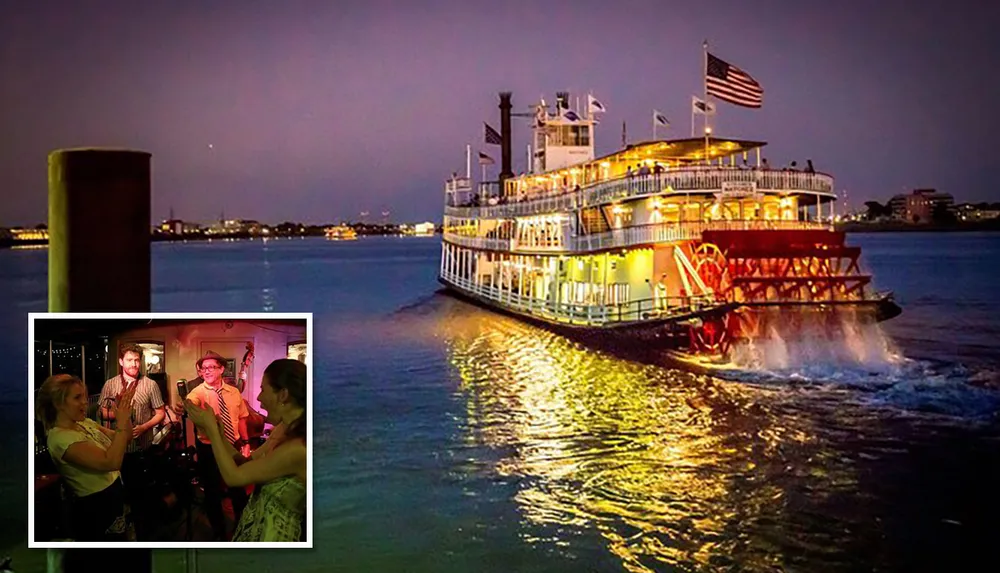 A brightly lit riverboat cruises along a calm river at dusk with an inset image showing people enjoying a lively band performance inside