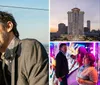 A group of people enjoys a sunny day on a rooftop with a panoramic city view