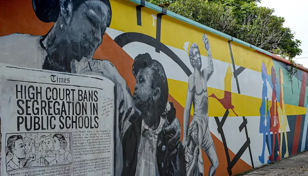 The image shows a mural featuring a newspaper headline about the high court banning segregation in public schools alongside artistic figures and colorful silhouettes