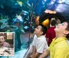 Children are excitedly observing fish in a large aquarium tunnel with a smaller inset image of a parent and child looking at insects