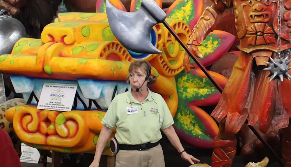 A woman with a headset stands in front of colorful elaborate parade floats featuring an axe and a warrior figure