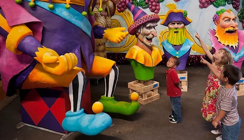 Children are looking up in awe at large colorful jester and character statues