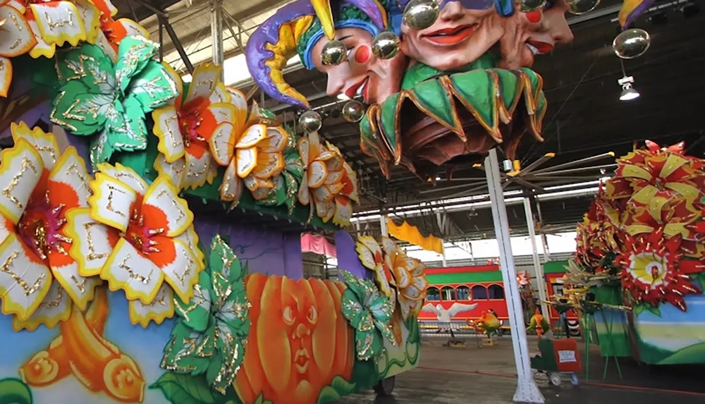 The image shows vividly decorated parade floats with colorful flowers and theatrical face masks in a warehouse setting