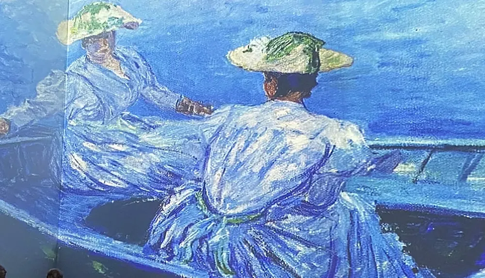 Two women in light blue dresses and wide-brimmed hats are sitting in a boat on a bright blue sea painted in an impressionist style