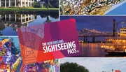 The image features a New Orleans Sightseeing Pass alongside various iconic scenes, including a plantation house, a steamboat, and a colorful parade float.