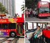 A group of people are walking by a red double-decker CitySightseeing bus with a Hop-On Hop-Off sign