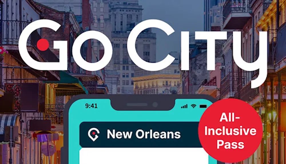 The image features a promotional graphic for a Go City all-inclusive pass for New Orleans displayed on a smartphone against a backdrop of the citys architecture