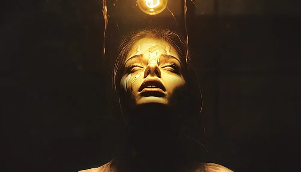 A woman with dramatic lighting looks upward towards a single hanging light bulb casting shadows and enhancing the eerie atmosphere