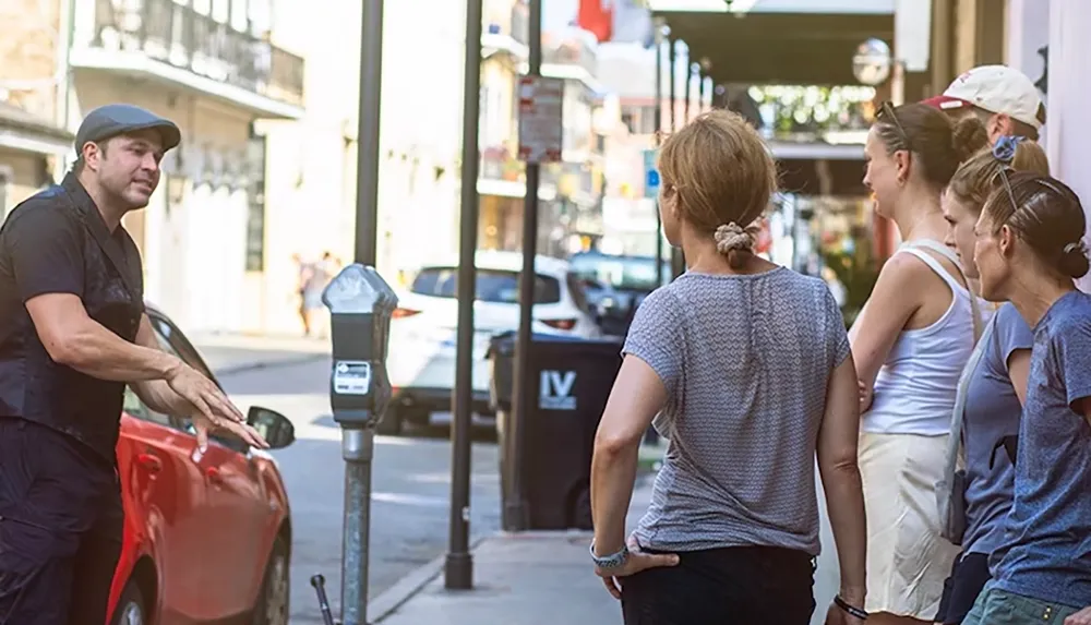 A man is speaking to a group of women on a city sidewalk near parking meters