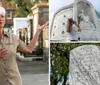 A woman with short white hair wearing a beige shirt gestures while standing in what appears to be a historic cemetery area