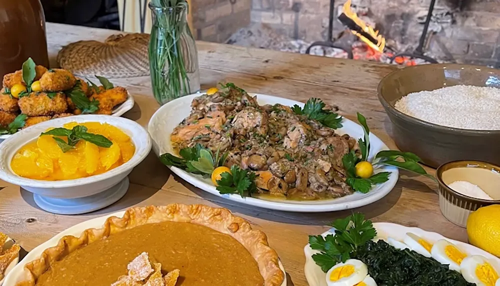 A rustic wooden table is set with various dishes including a chicken platter orange dessert pie and sides near a cozy fireplace