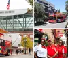 A red sightseeing bus is parked in front of The National WWII Museum