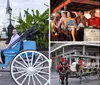 A couple is sitting in a blue horse-drawn carriage with a driver in front of a historic building and lush greenery