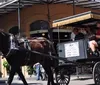 A couple is sitting in a blue horse-drawn carriage with a driver in front of a historic building and lush greenery